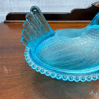 RARE Original Indiana Glass Hen On Nest HORIZON BLUE Lidded Beaded Striated Dish