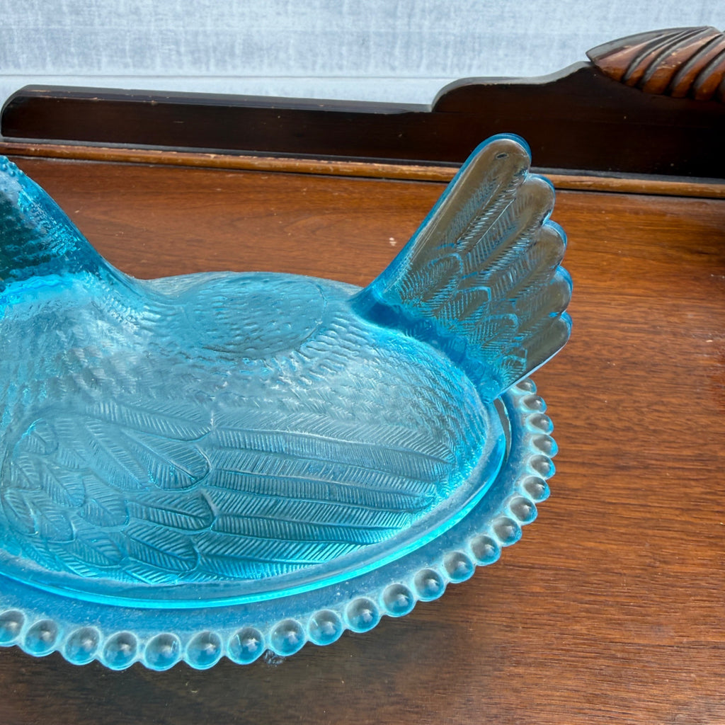 RARE Original Indiana Glass Hen On Nest HORIZON BLUE Lidded Beaded Striated Dish