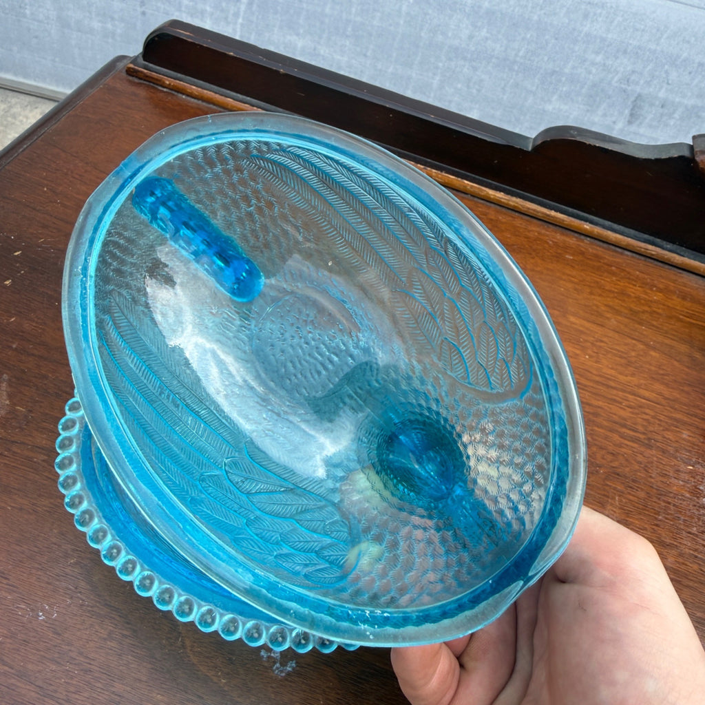 RARE Original Indiana Glass Hen On Nest HORIZON BLUE Lidded Beaded Striated Dish