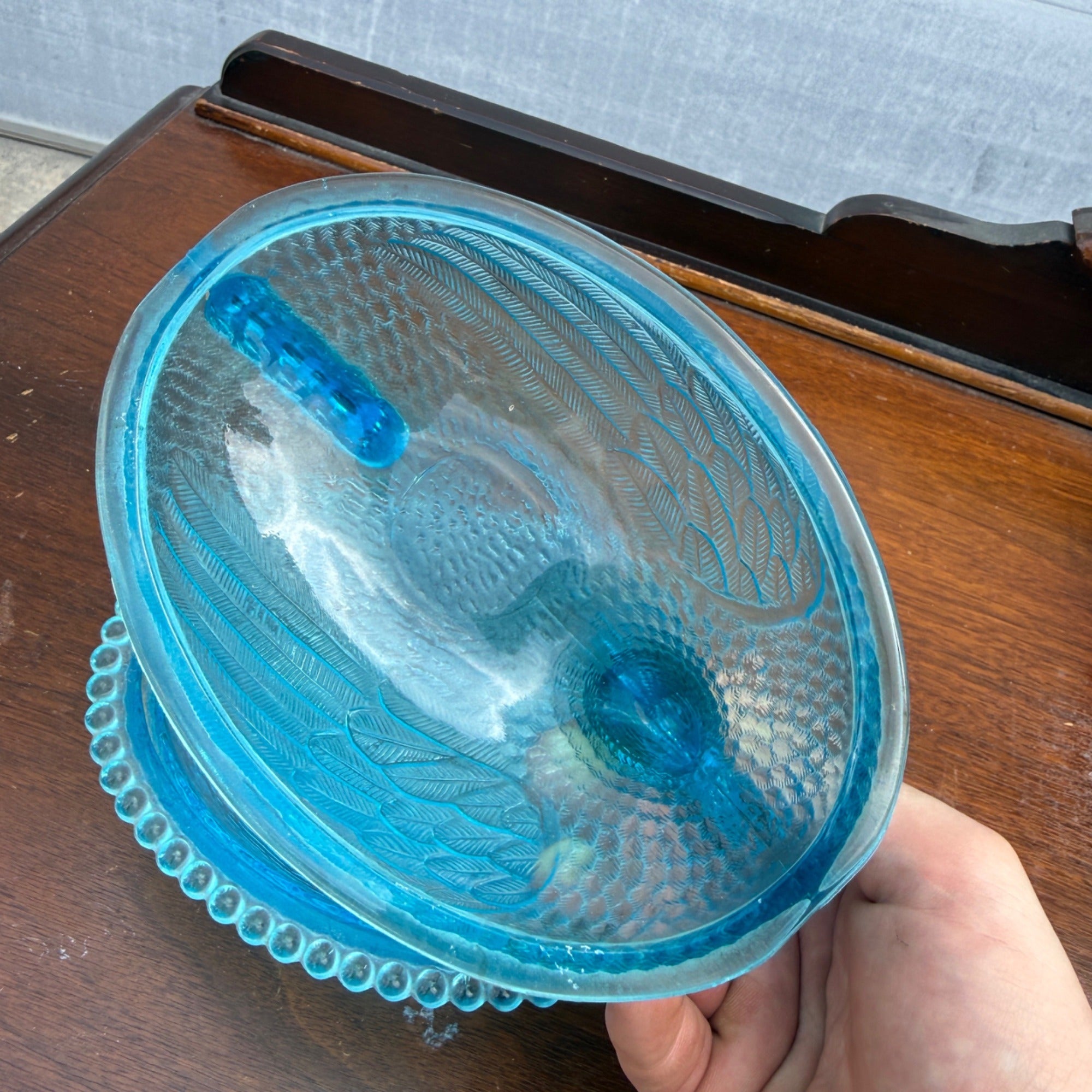 RARE Original Indiana Glass Hen On Nest HORIZON BLUE Lidded Beaded Striated Dish