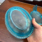 RARE Original Indiana Glass Hen On Nest HORIZON BLUE Lidded Beaded Striated Dish