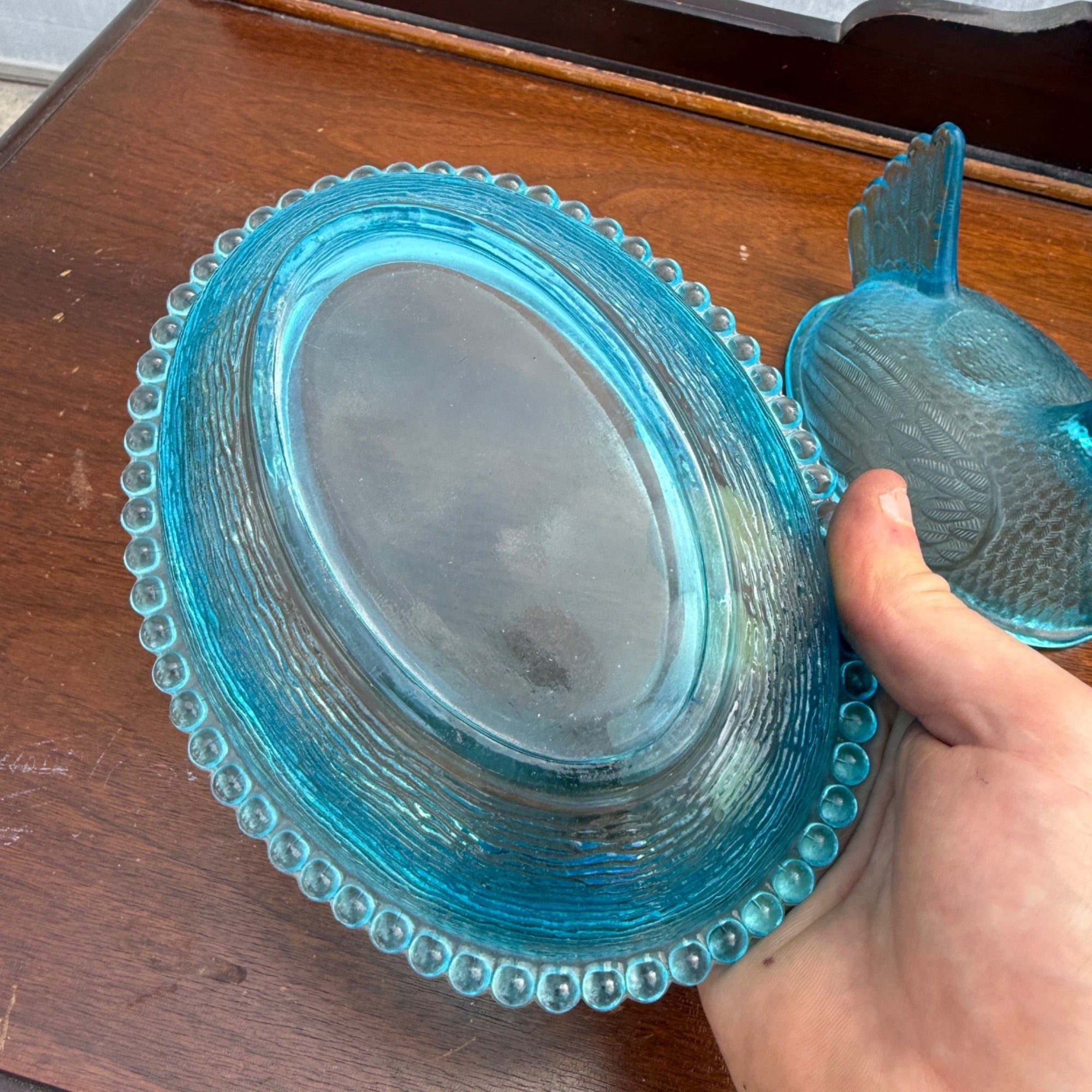 RARE Original Indiana Glass Hen On Nest HORIZON BLUE Lidded Beaded Striated Dish