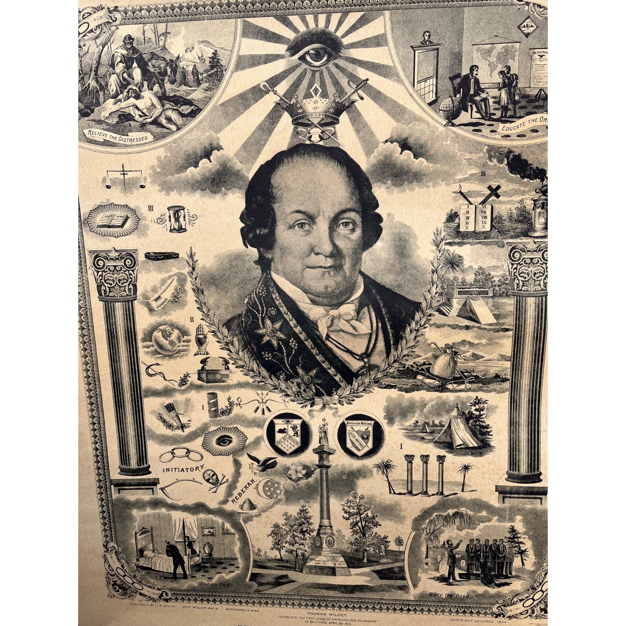 Original Antique 1894 Odd Fellowship Masonic Lithograph Litho Print Odd Fellows