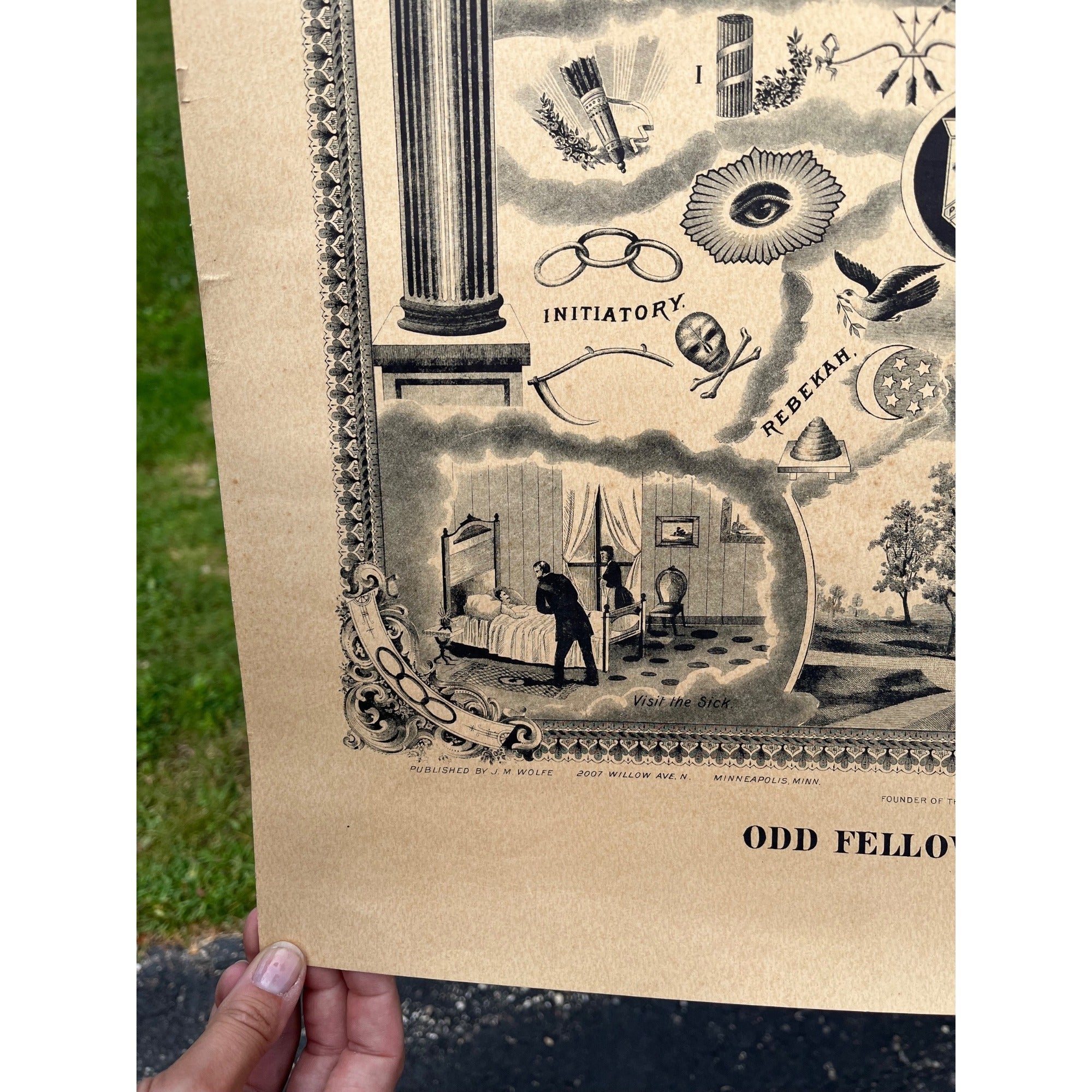 Original Antique 1894 Odd Fellowship Masonic Lithograph Litho Print Odd Fellows