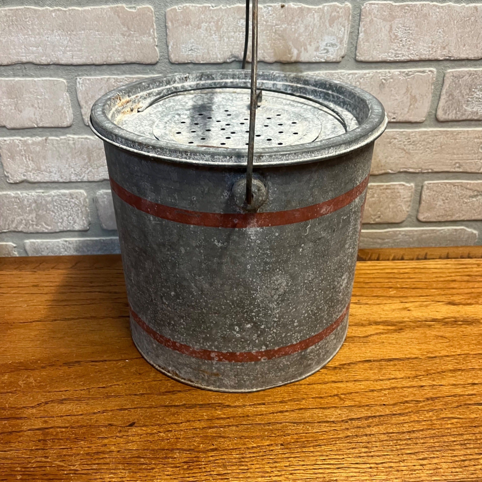 Vintage Metal Falls City Minnow Bucket With Lid and Wire Handle With Natural Wood Grip Primitive Cabin Decor