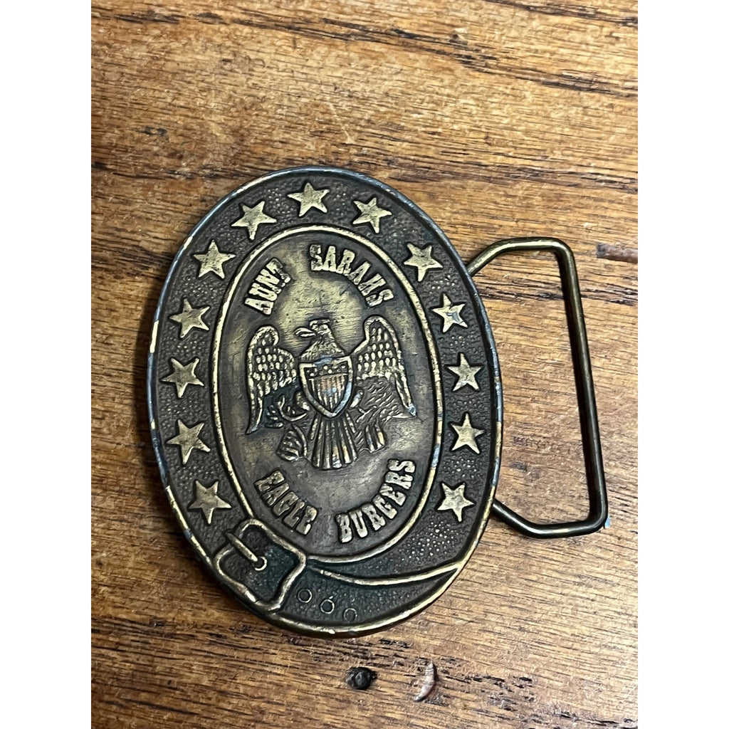 Vintage Brass Aunt Sarah's Dine-O-Rama Eagle Burgers Belt Buckle Klickitat River