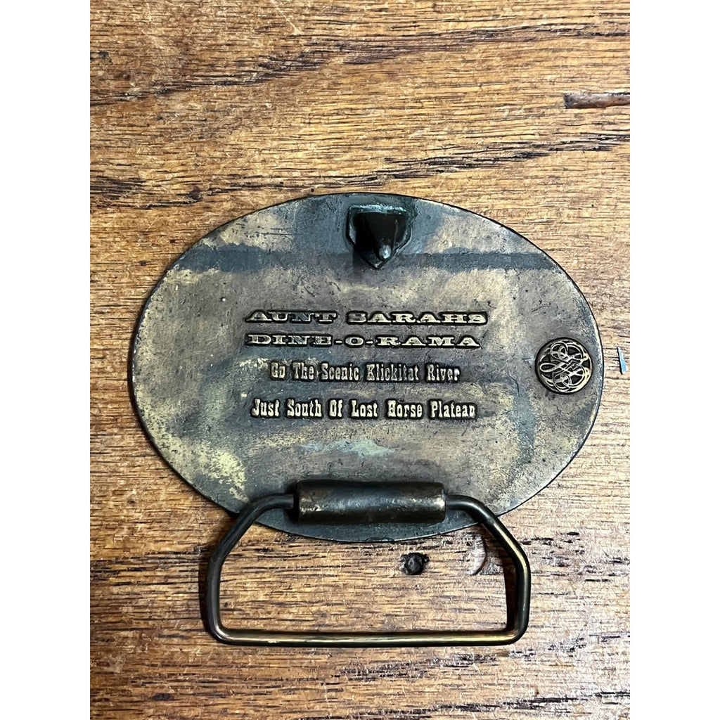Vintage Brass Aunt Sarah's Dine-O-Rama Eagle Burgers Belt Buckle Klickitat River