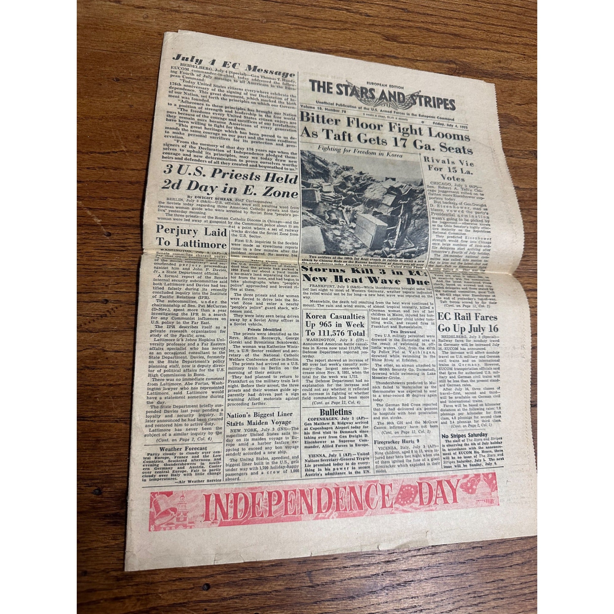 Vintage 1952 Stars & Stripes Newspaper Publication of US Armed Forces July 4th