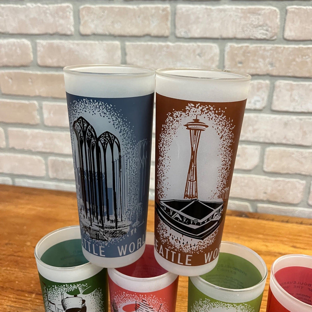 Vintage Seattle World's Fair Drinking Glass Lot of Six (6) 1962 Frosted Tall Tumblers Space Needle