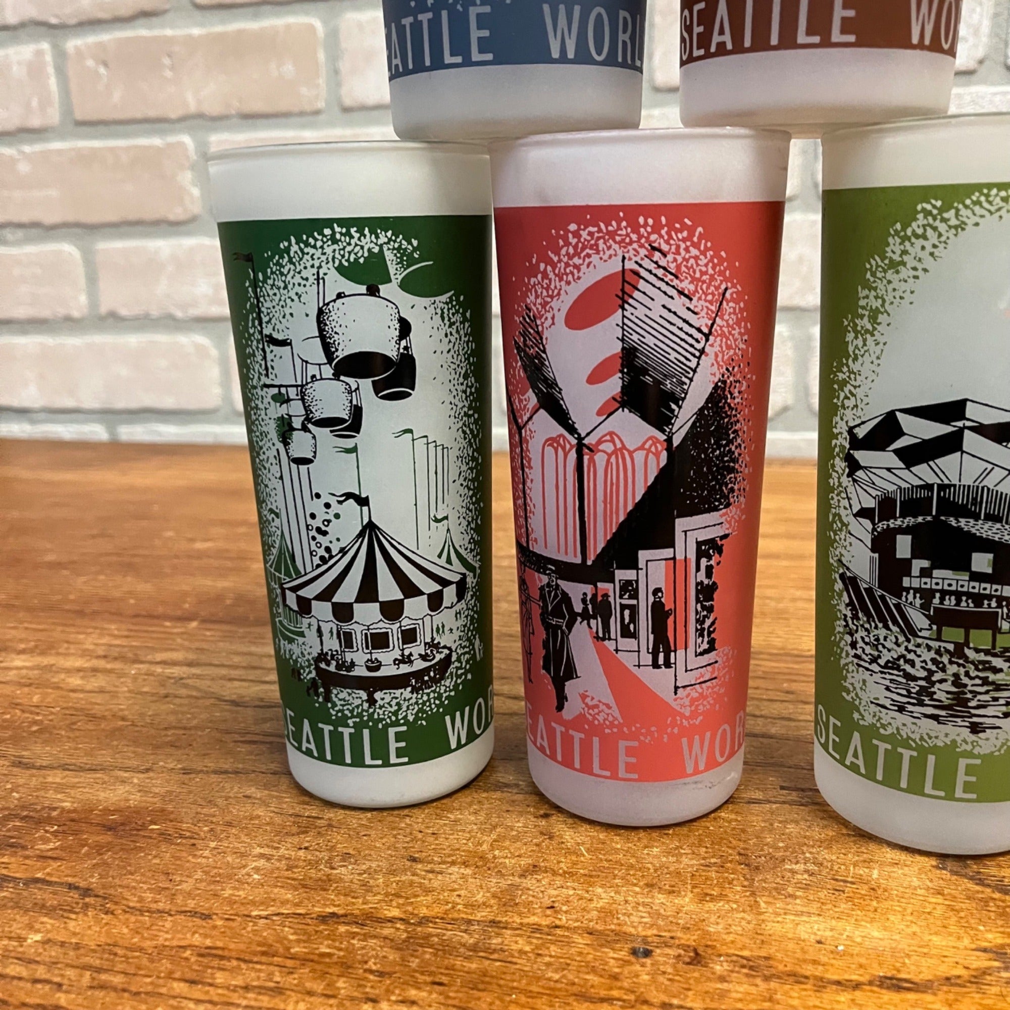 Vintage Seattle World's Fair Drinking Glass Lot of Six (6) 1962 Frosted Tall Tumblers Space Needle
