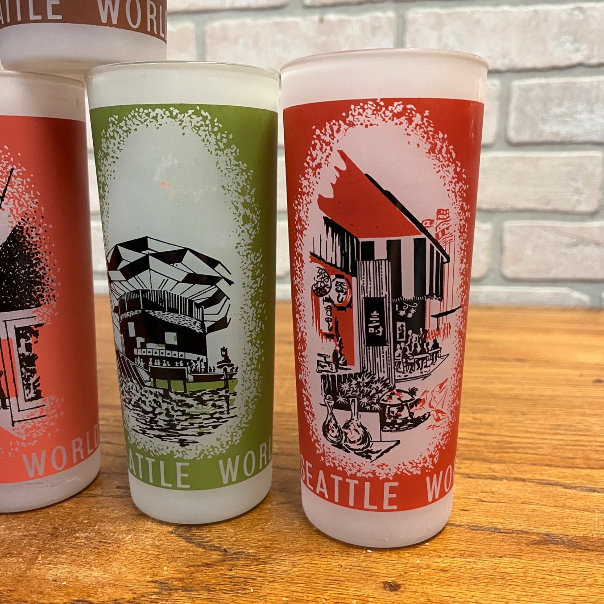 Vintage Seattle World's Fair Drinking Glass Lot of Six (6) 1962 Frosted Tall Tumblers Space Needle