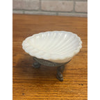Vintage Ring of Fire Scalloped Milk Glass Soap Dish Mounted to Metal Dolphin Stand