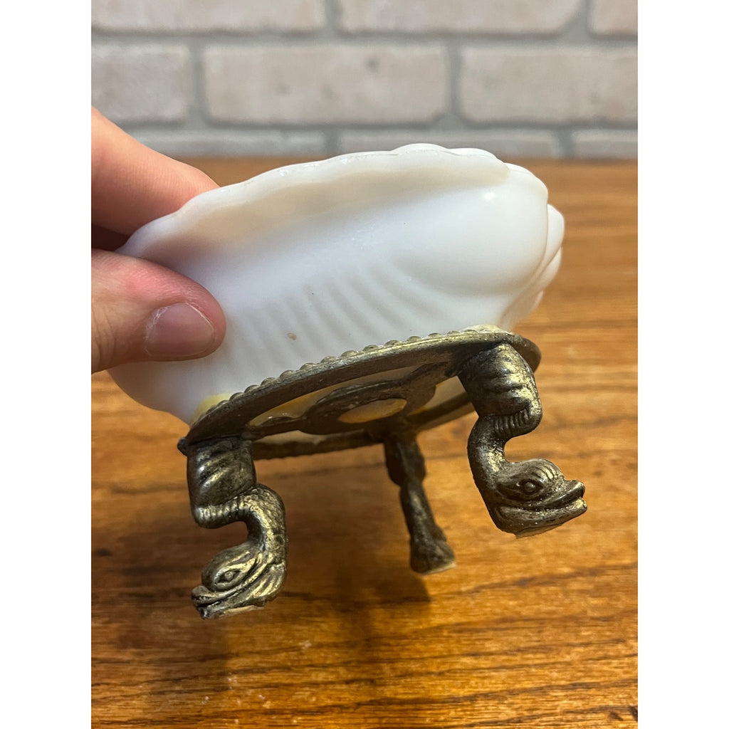 Vintage Ring of Fire Scalloped Milk Glass Soap Dish Mounted to Metal Dolphin Stand
