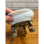 Vintage Ring of Fire Scalloped Milk Glass Soap Dish Mounted to Metal Dolphin Stand