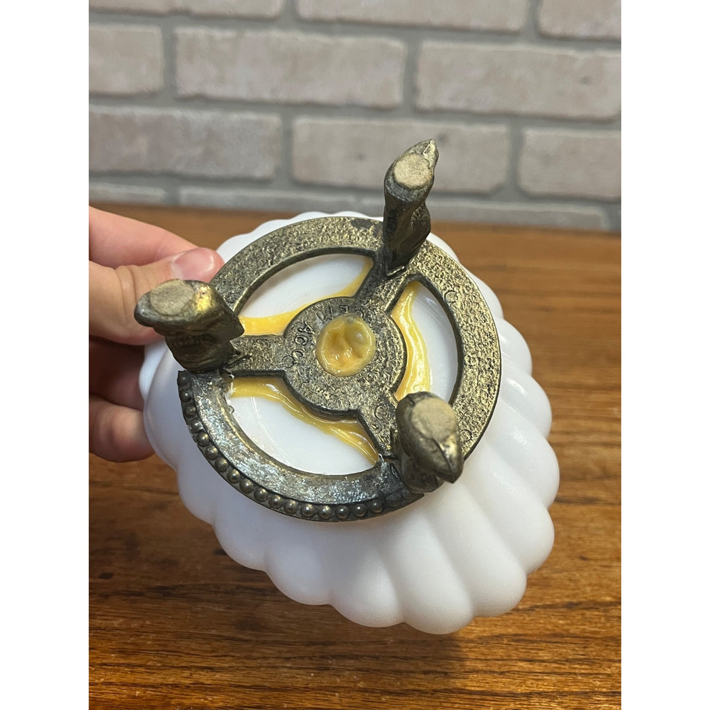 Vintage Ring of Fire Scalloped Milk Glass Soap Dish Mounted to Metal Dolphin Stand