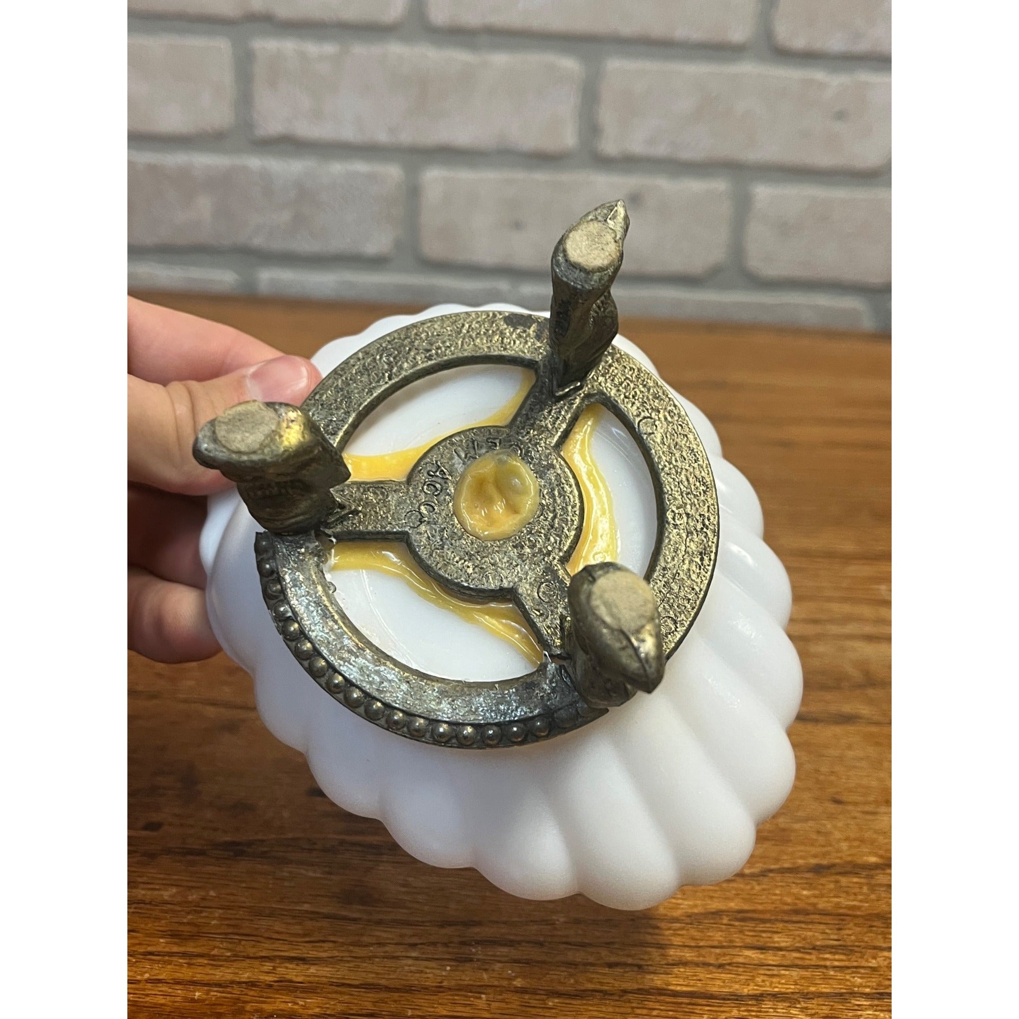 Vintage Ring of Fire Scalloped Milk Glass Soap Dish Mounted to Metal Dolphin Stand