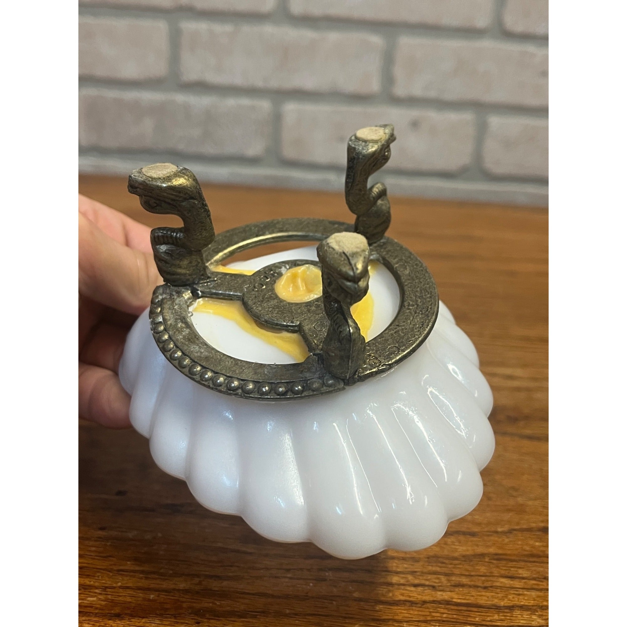 Vintage Ring of Fire Scalloped Milk Glass Soap Dish Mounted to Metal Dolphin Stand