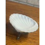 Vintage Ring of Fire Scalloped Milk Glass Soap Dish Mounted to Metal Dolphin Stand