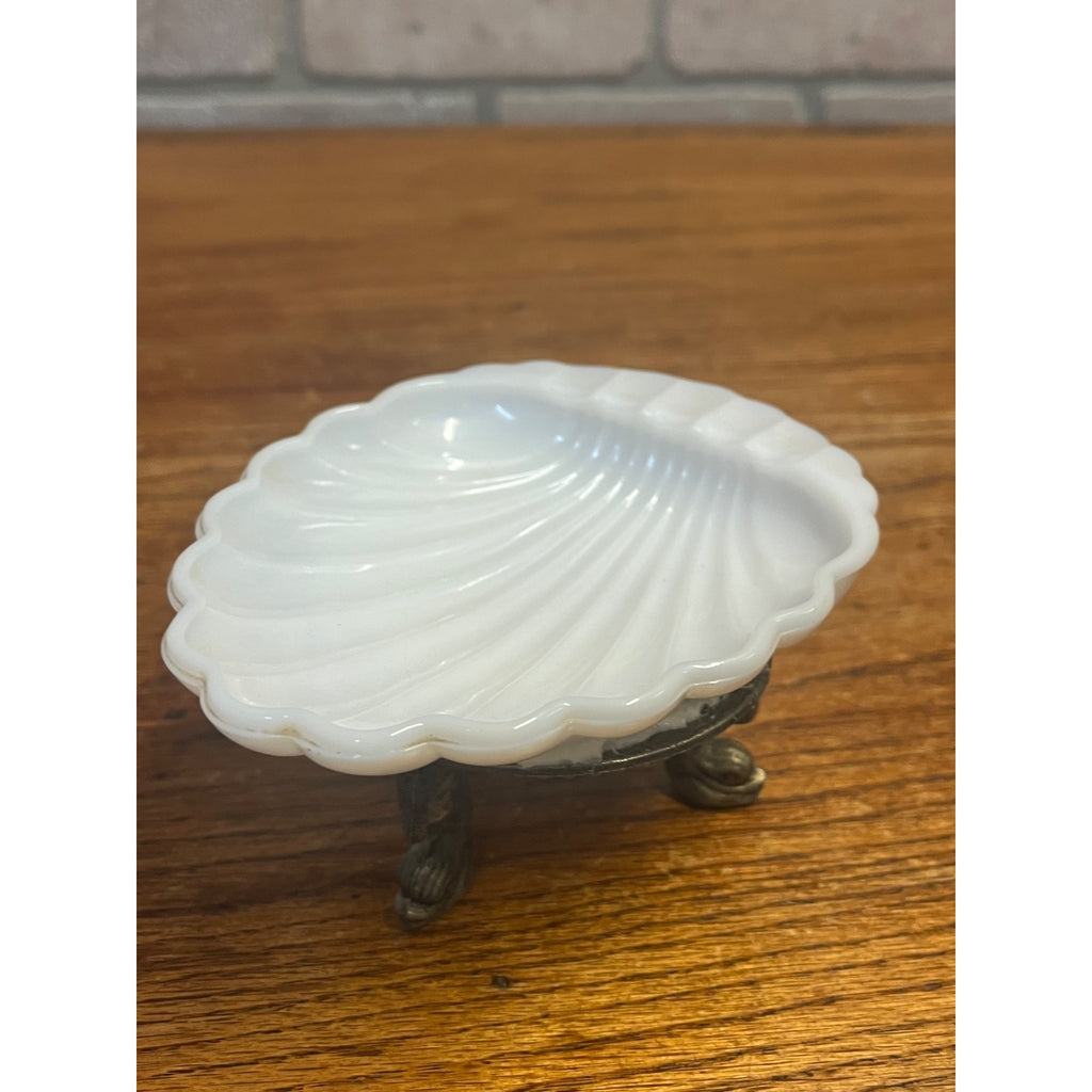 Vintage Ring of Fire Scalloped Milk Glass Soap Dish Mounted to Metal Dolphin Stand