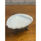Vintage Ring of Fire Scalloped Milk Glass Soap Dish Mounted to Metal Dolphin Stand