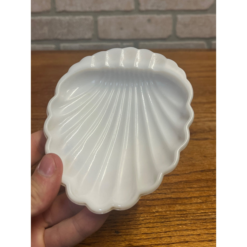 Vintage Ring of Fire Scalloped Milk Glass Soap Dish Mounted to Metal Dolphin Stand