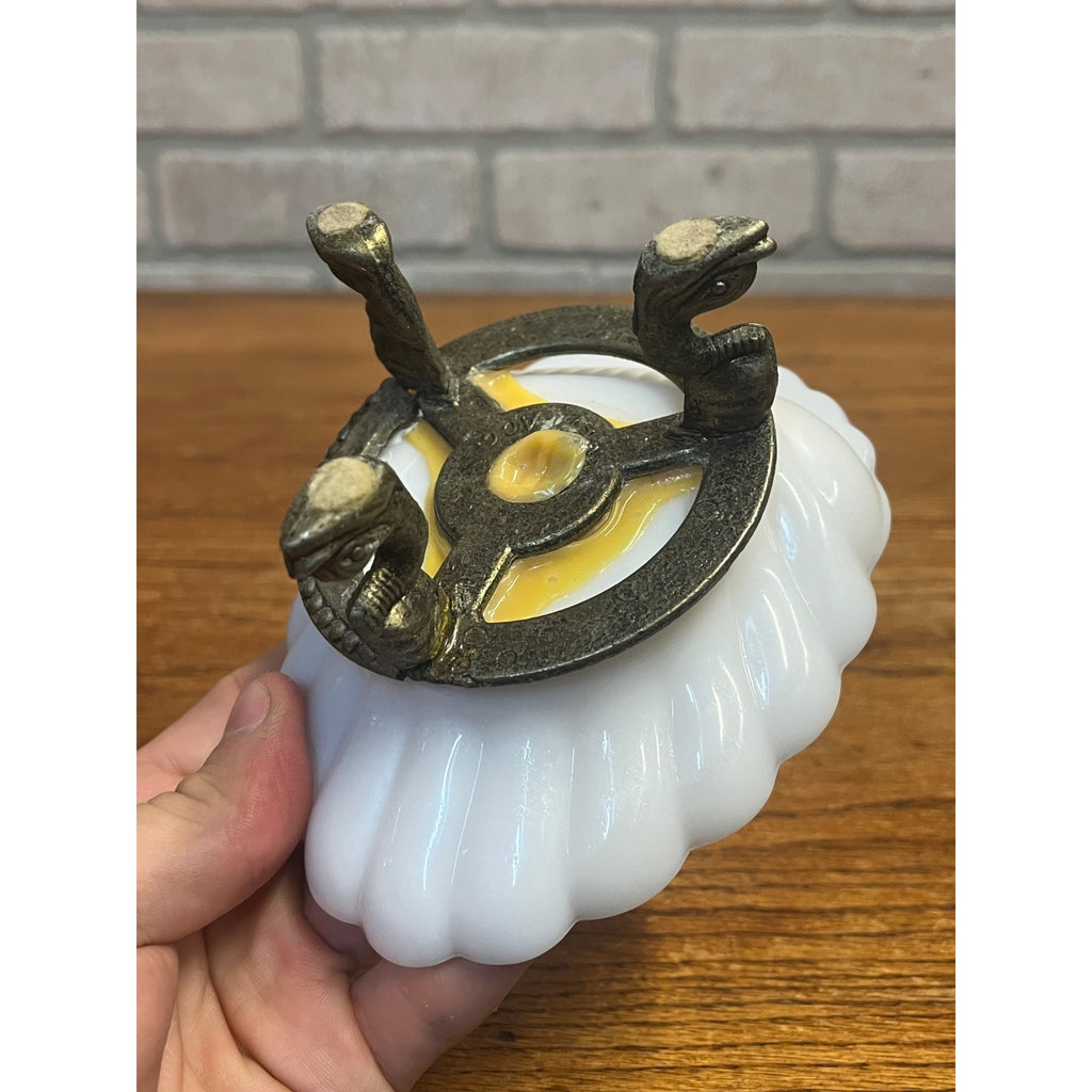 Vintage Ring of Fire Scalloped Milk Glass Soap Dish Mounted to Metal Dolphin Stand