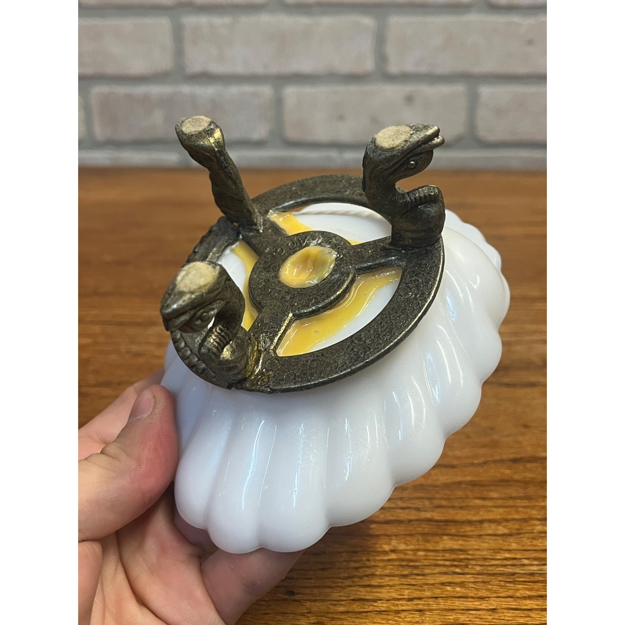 Vintage Ring of Fire Scalloped Milk Glass Soap Dish Mounted to Metal Dolphin Stand