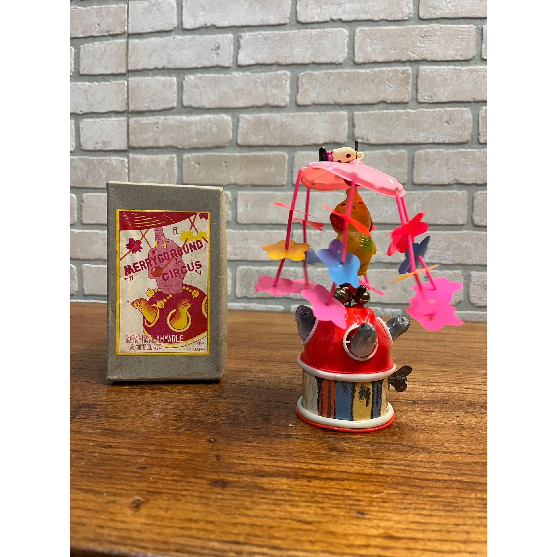 Vintage 1930s Japan Celluloid Windup Toy Merry Go Round Circus w/ Box - Works