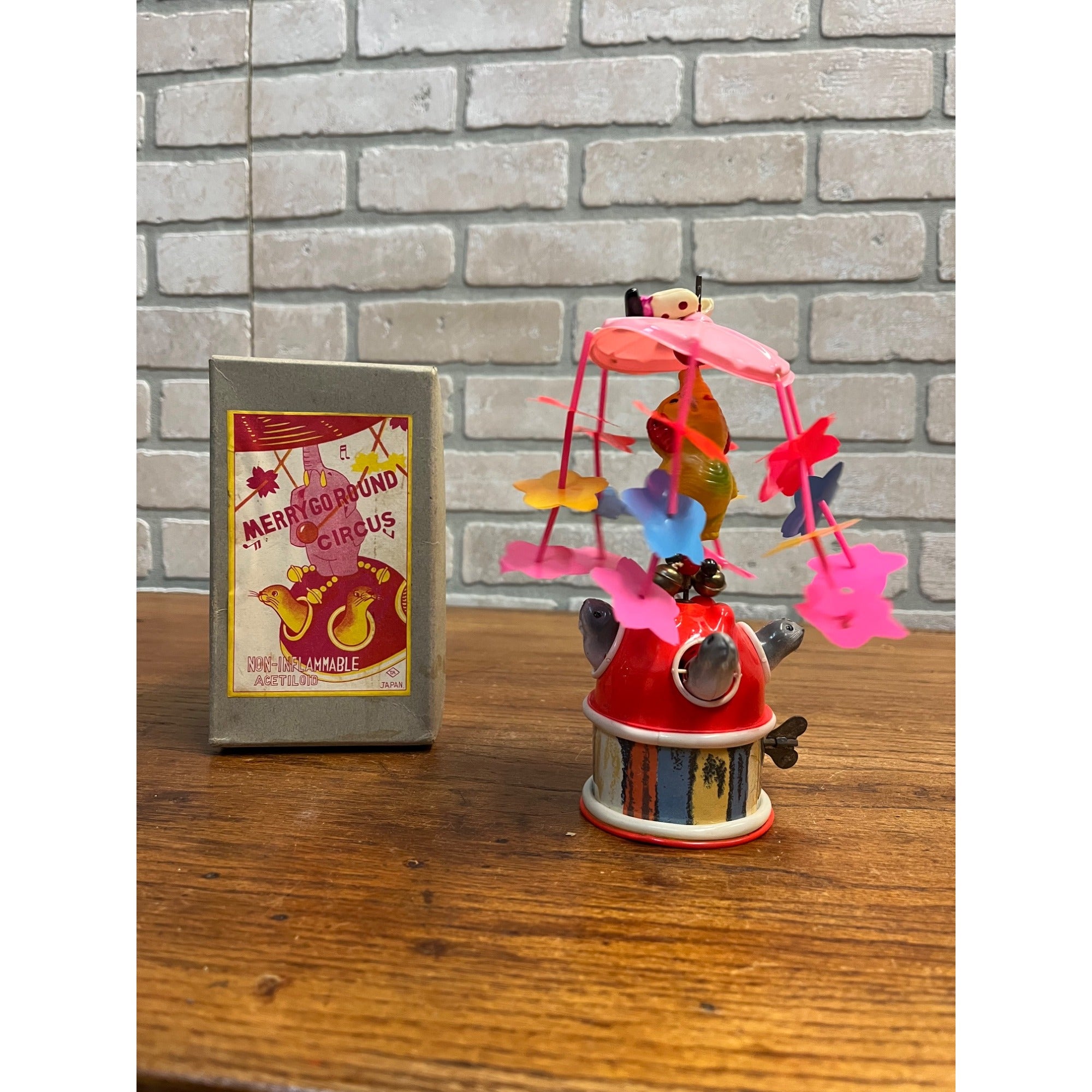 Vintage 1930s Japan Celluloid Windup Toy Merry Go Round Circus w/ Box - Works