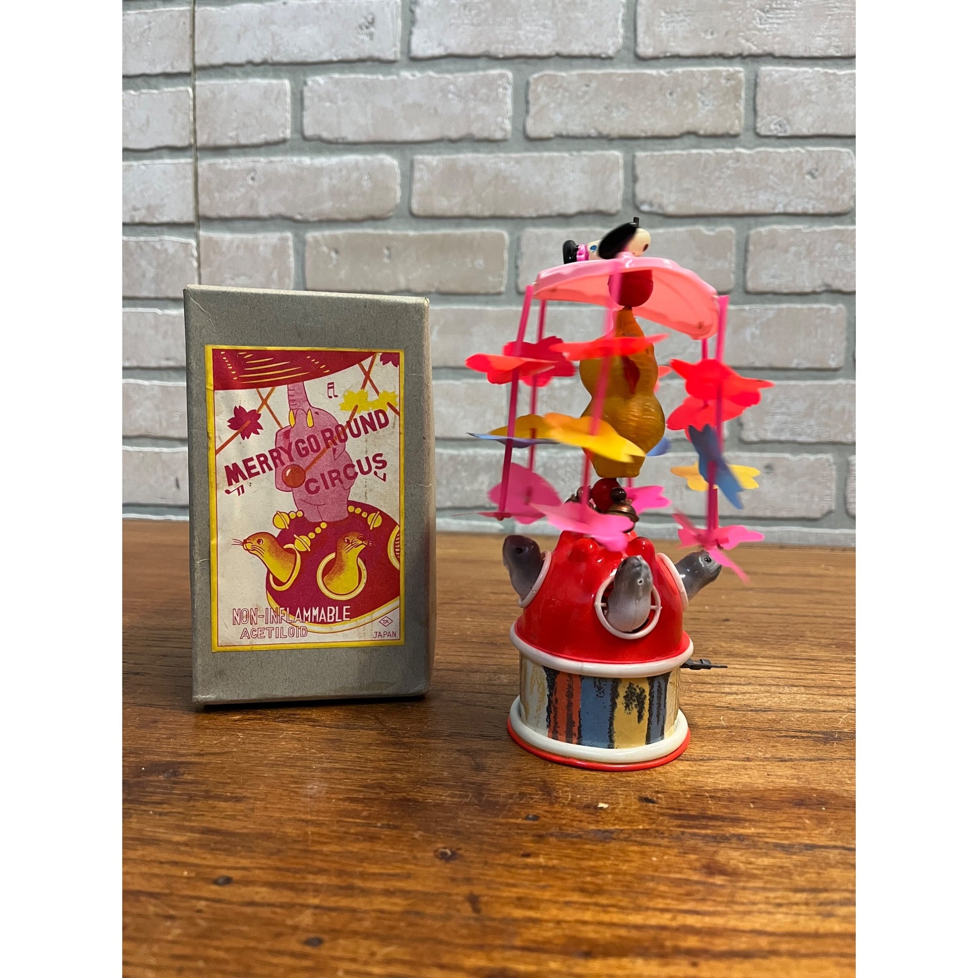 Vintage 1930s Japan Celluloid Windup Toy Merry Go Round Circus w/ Box - Works