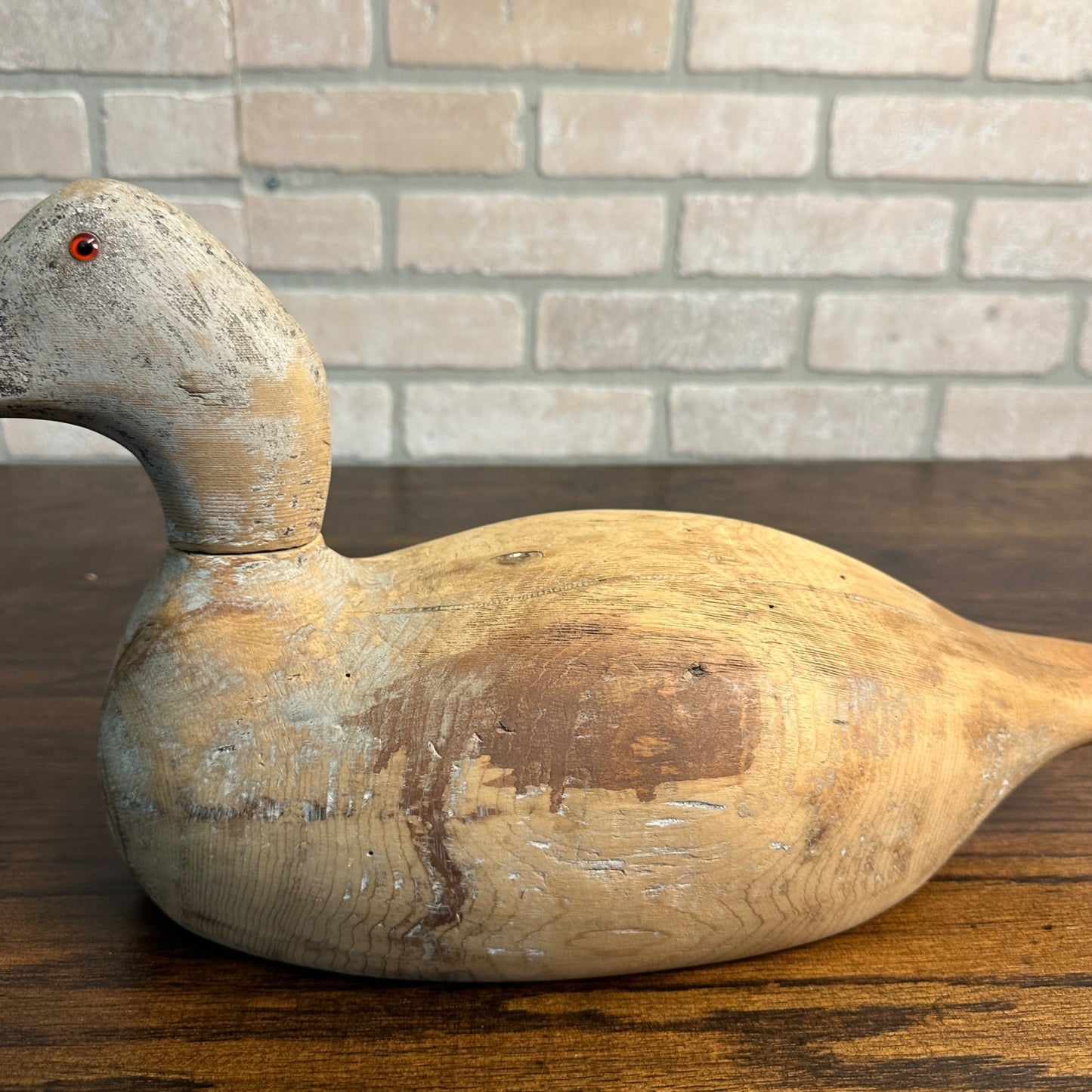 Striped Evans Duck Decoy Unpainted Original Wooden Bottom Signed