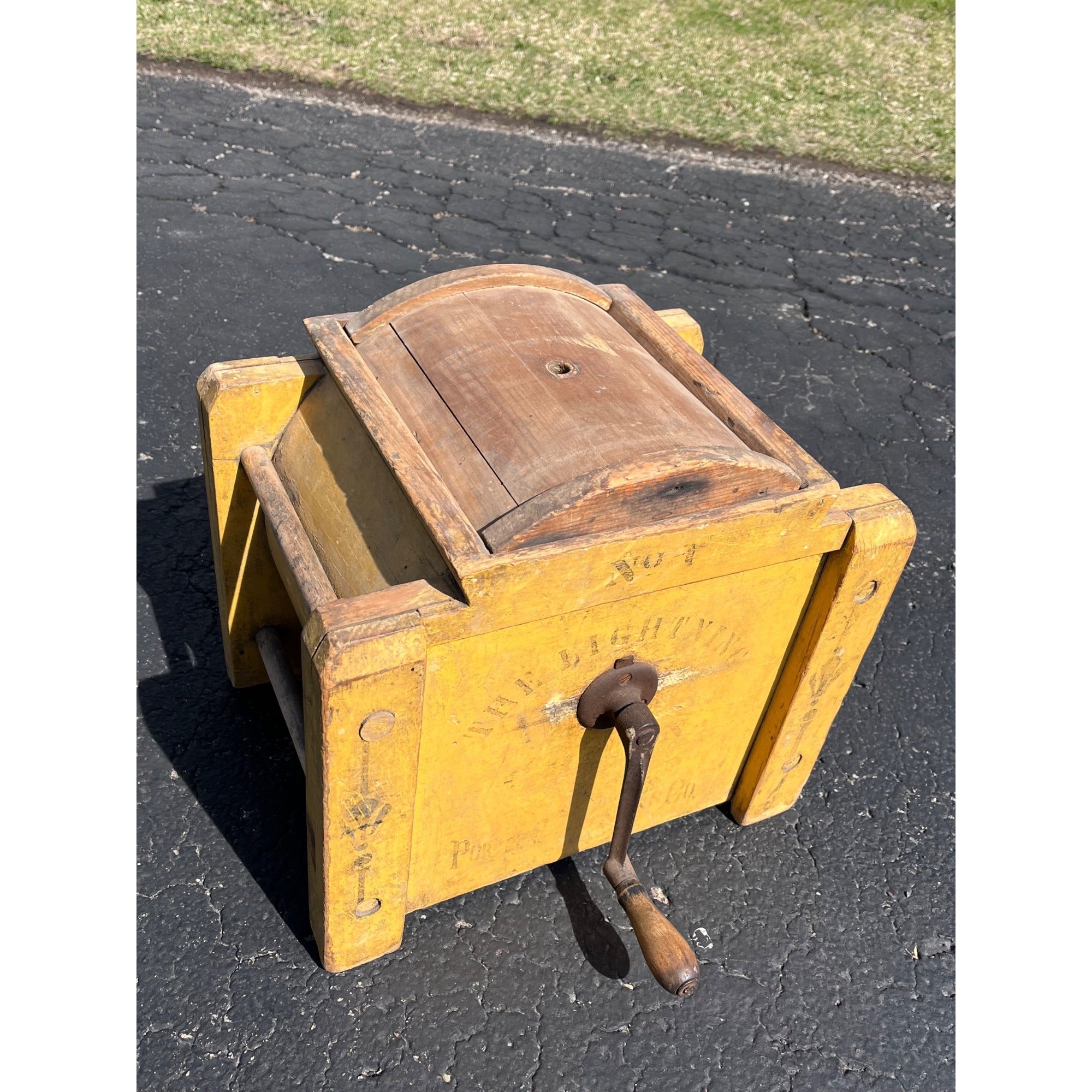 Antique Primitive Lightning 1 Butter Churn Mustard Yellow Paint Porter Blanchard