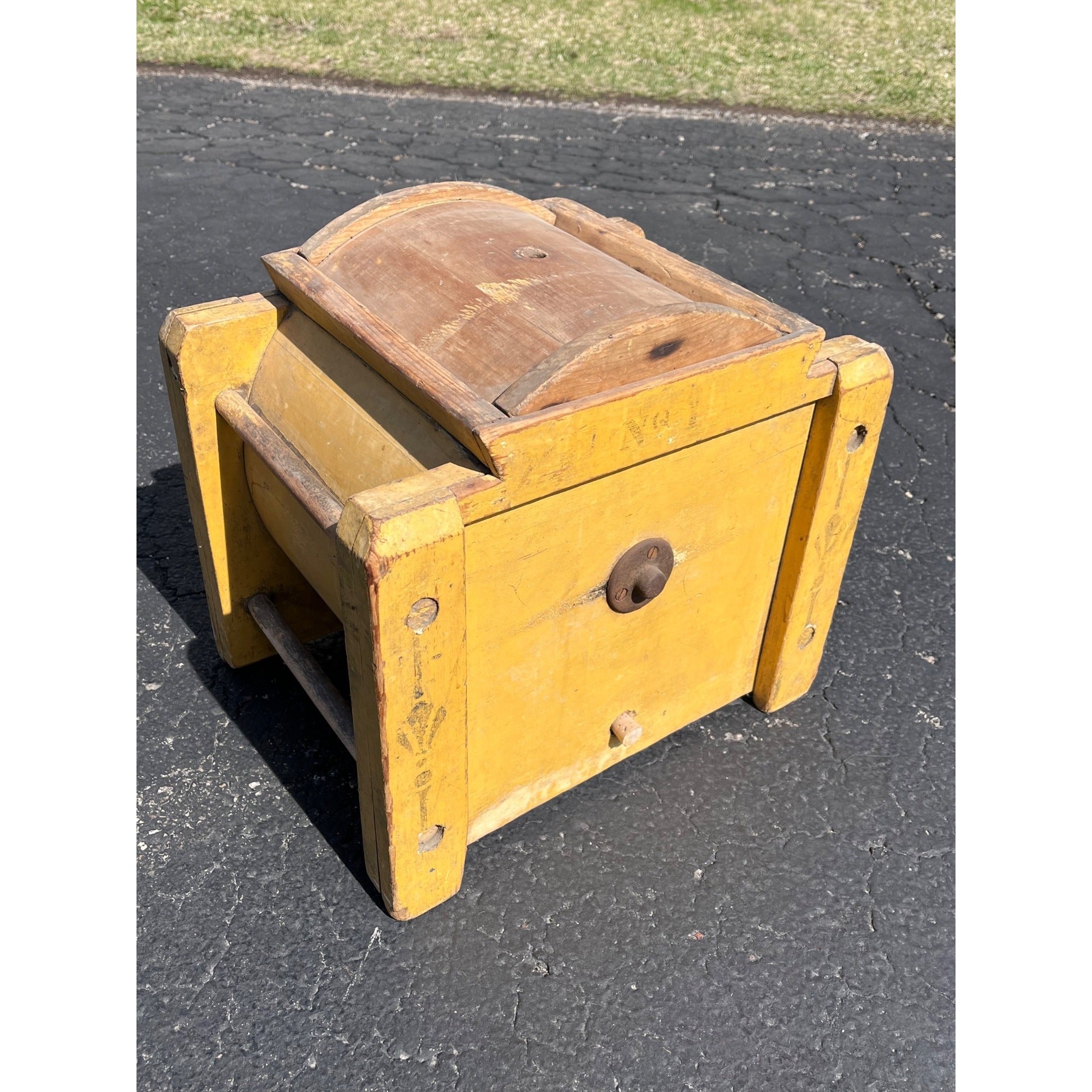 Antique Primitive Lightning 1 Butter Churn Mustard Yellow Paint Porter Blanchard