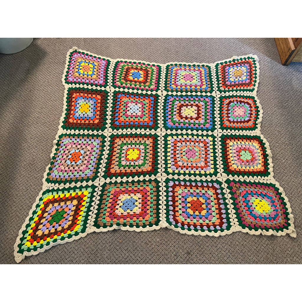 Antique Vintage Granny Square Knit Crocheted Throw Blanket 48" x 54"