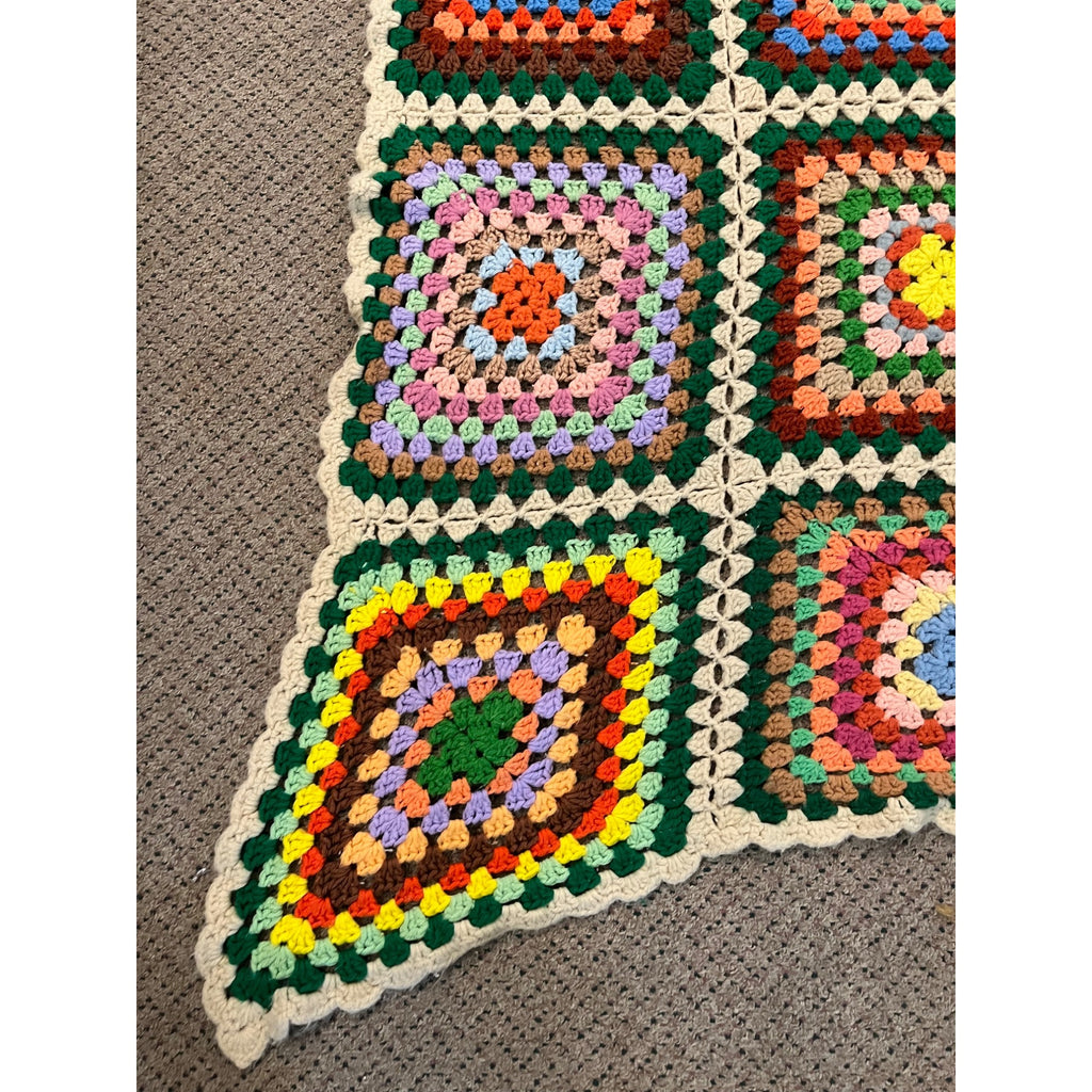 Antique Vintage Granny Square Knit Crocheted Throw Blanket 48" x 54"