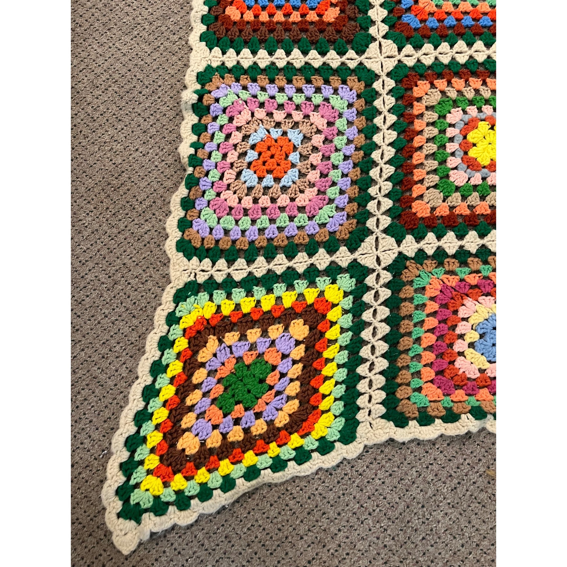 Antique Vintage Granny Square Knit Crocheted Throw Blanket 48" x 54"