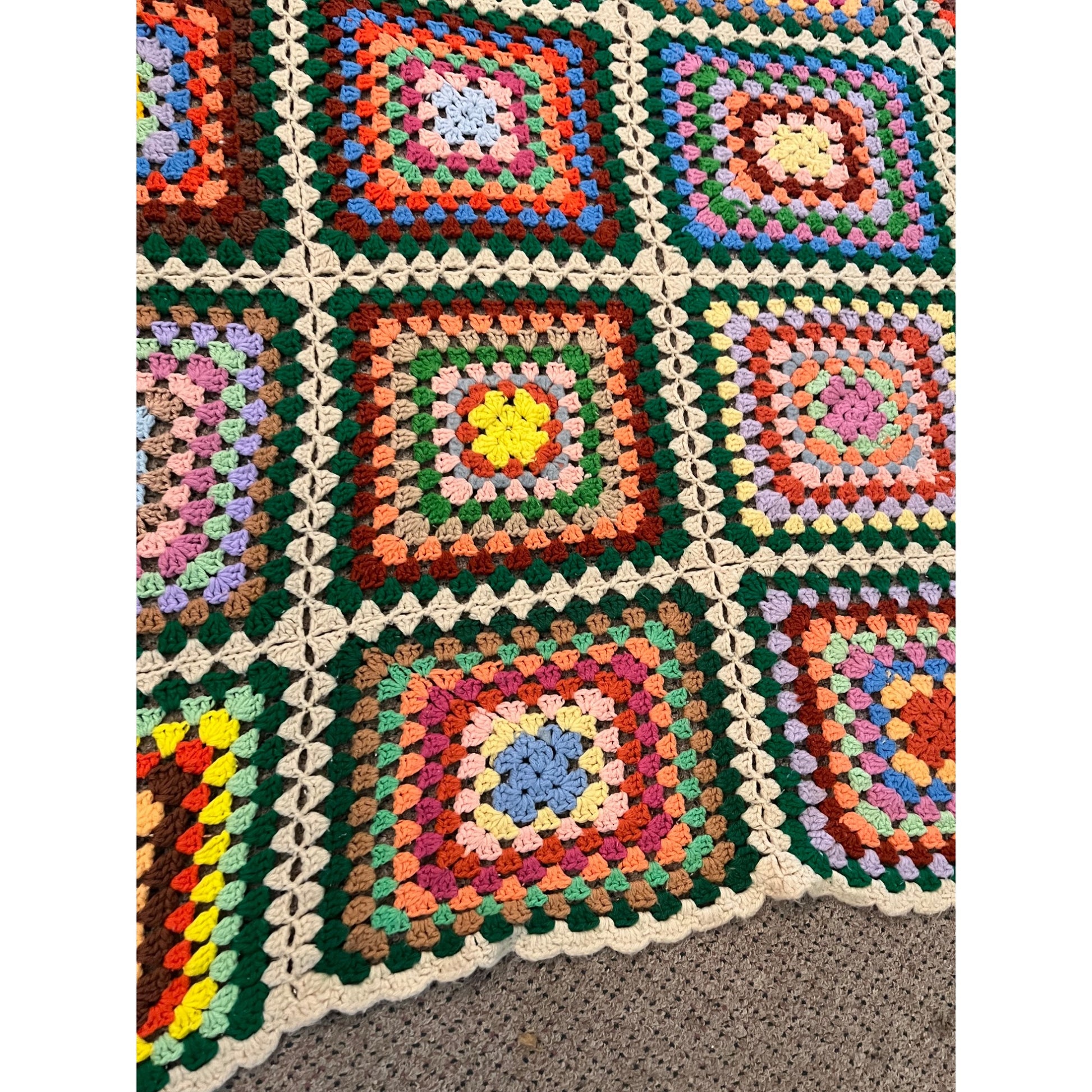 Antique Vintage Granny Square Knit Crocheted Throw Blanket 48" x 54"