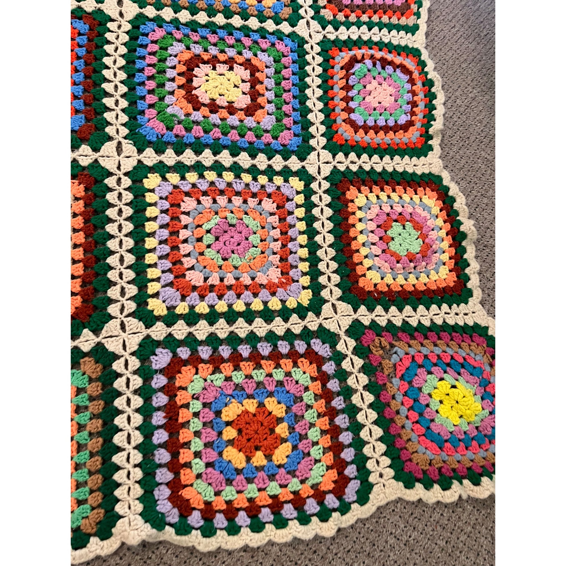 Antique Vintage Granny Square Knit Crocheted Throw Blanket 48" x 54"