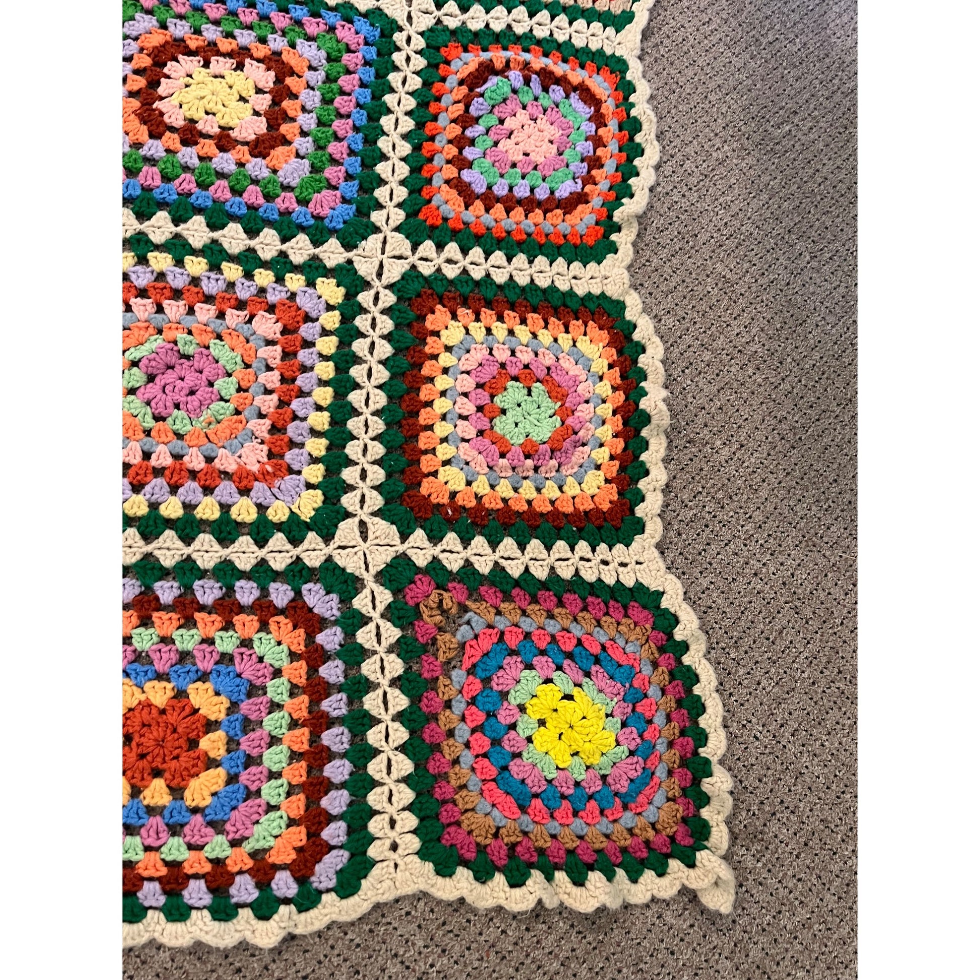 Antique Vintage Granny Square Knit Crocheted Throw Blanket 48" x 54"