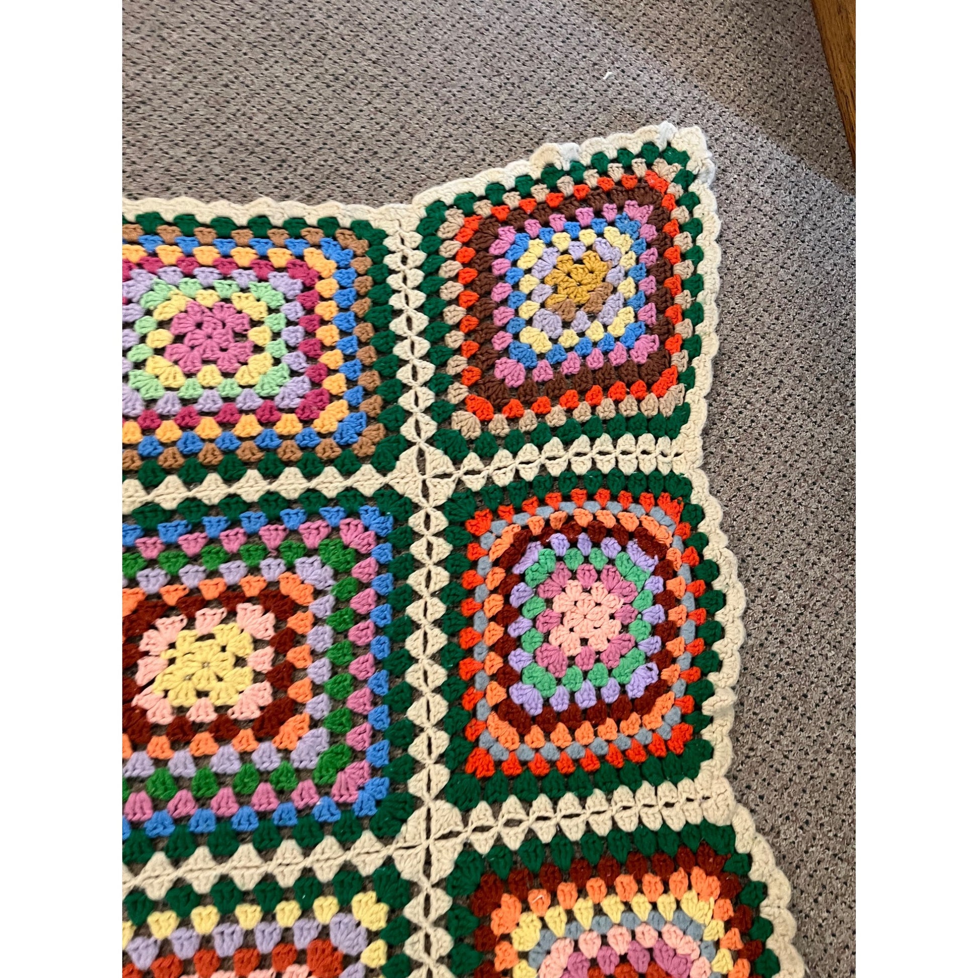Antique Vintage Granny Square Knit Crocheted Throw Blanket 48" x 54"