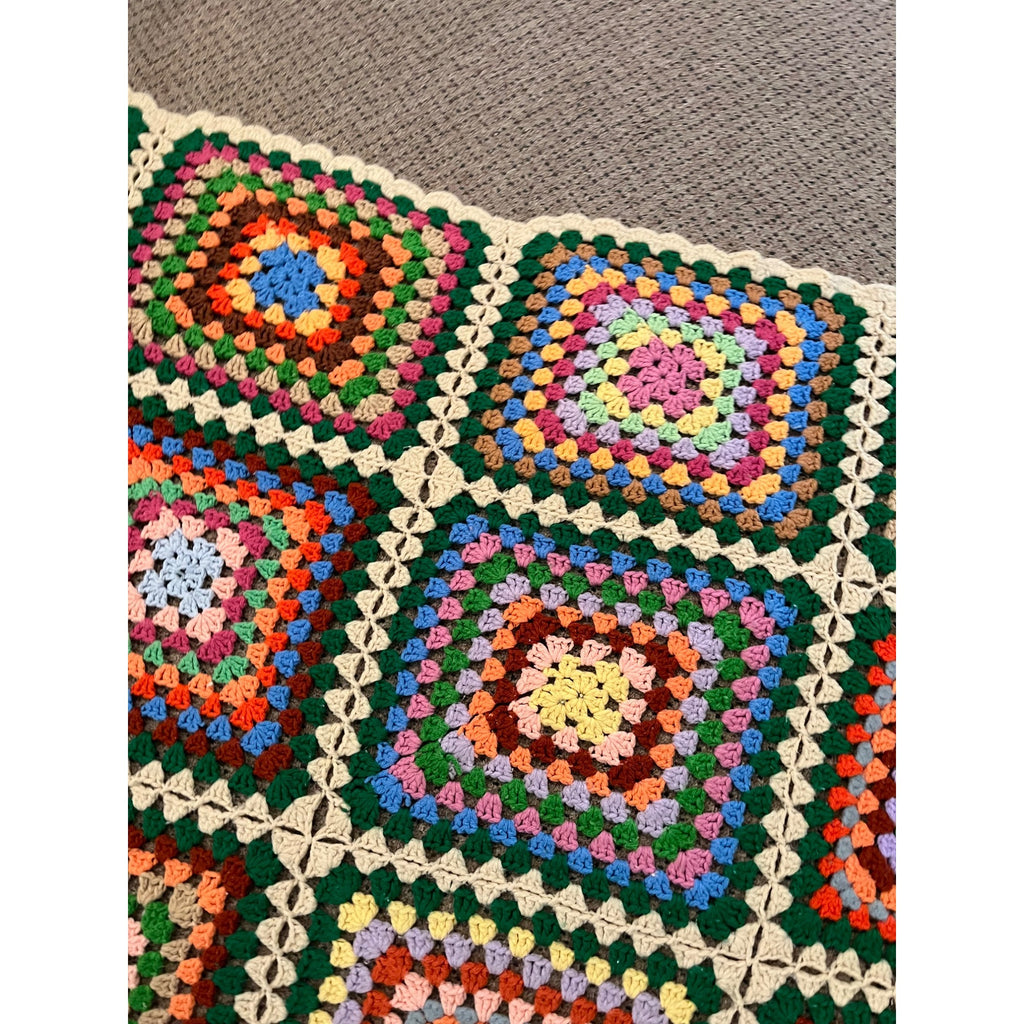 Antique Vintage Granny Square Knit Crocheted Throw Blanket 48" x 54"