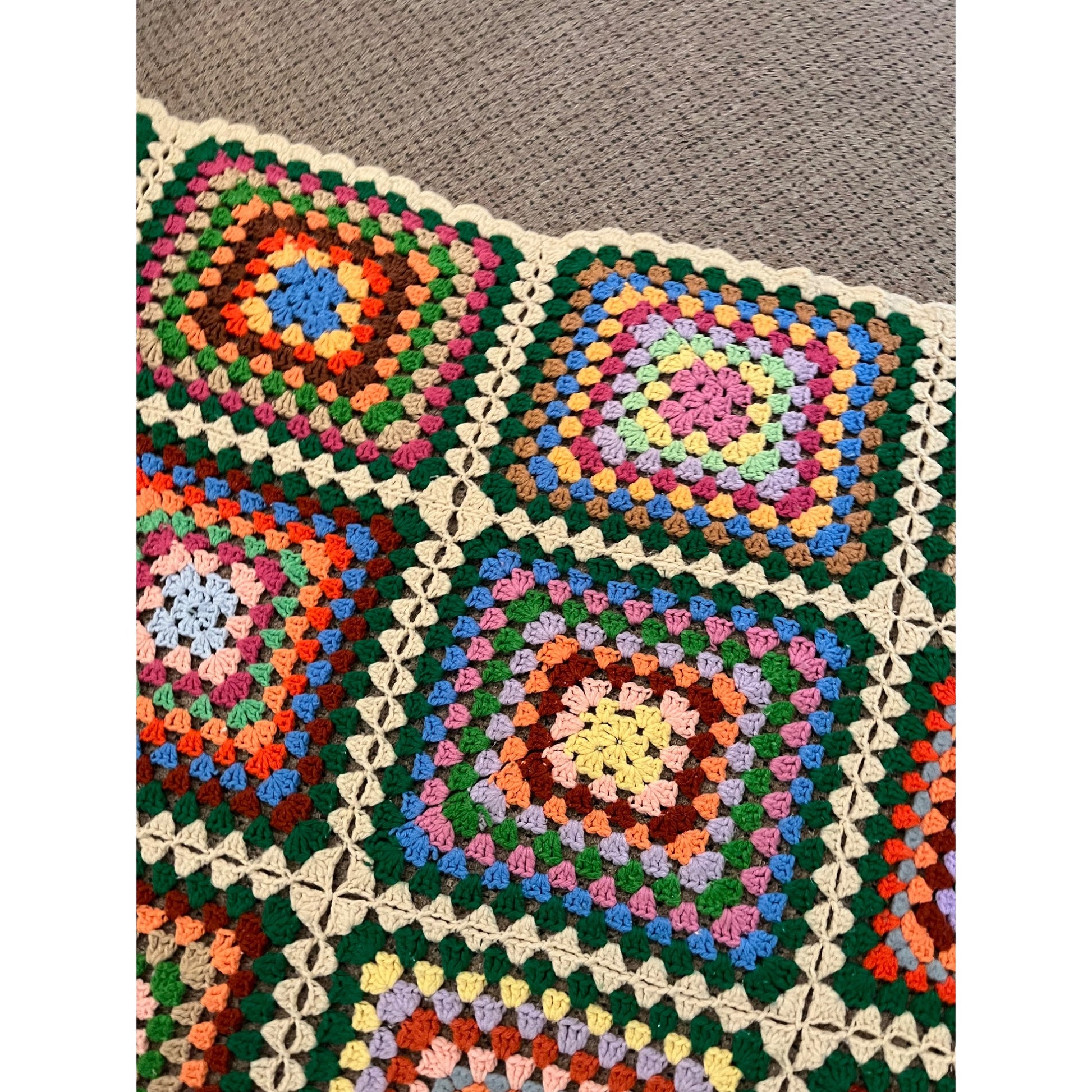 Antique Vintage Granny Square Knit Crocheted Throw Blanket 48" x 54"