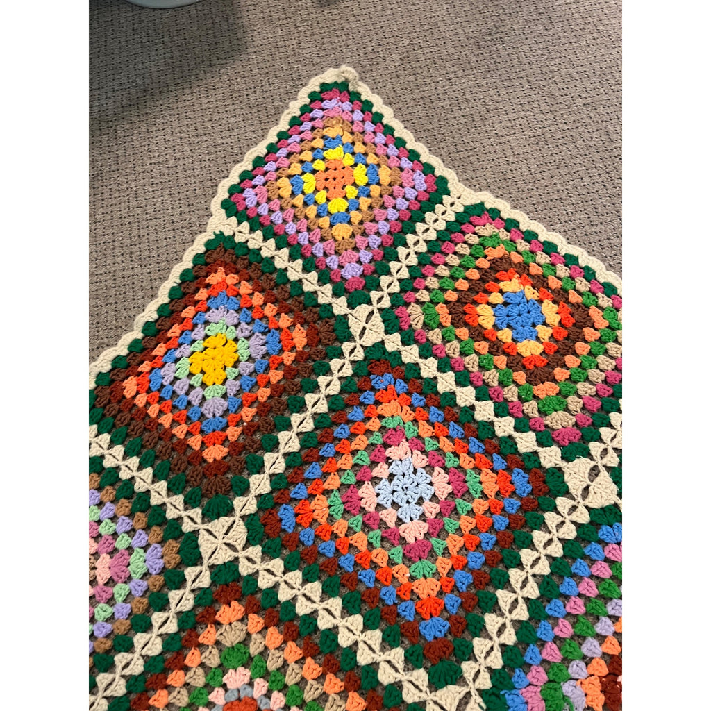 Antique Vintage Granny Square Knit Crocheted Throw Blanket 48" x 54"
