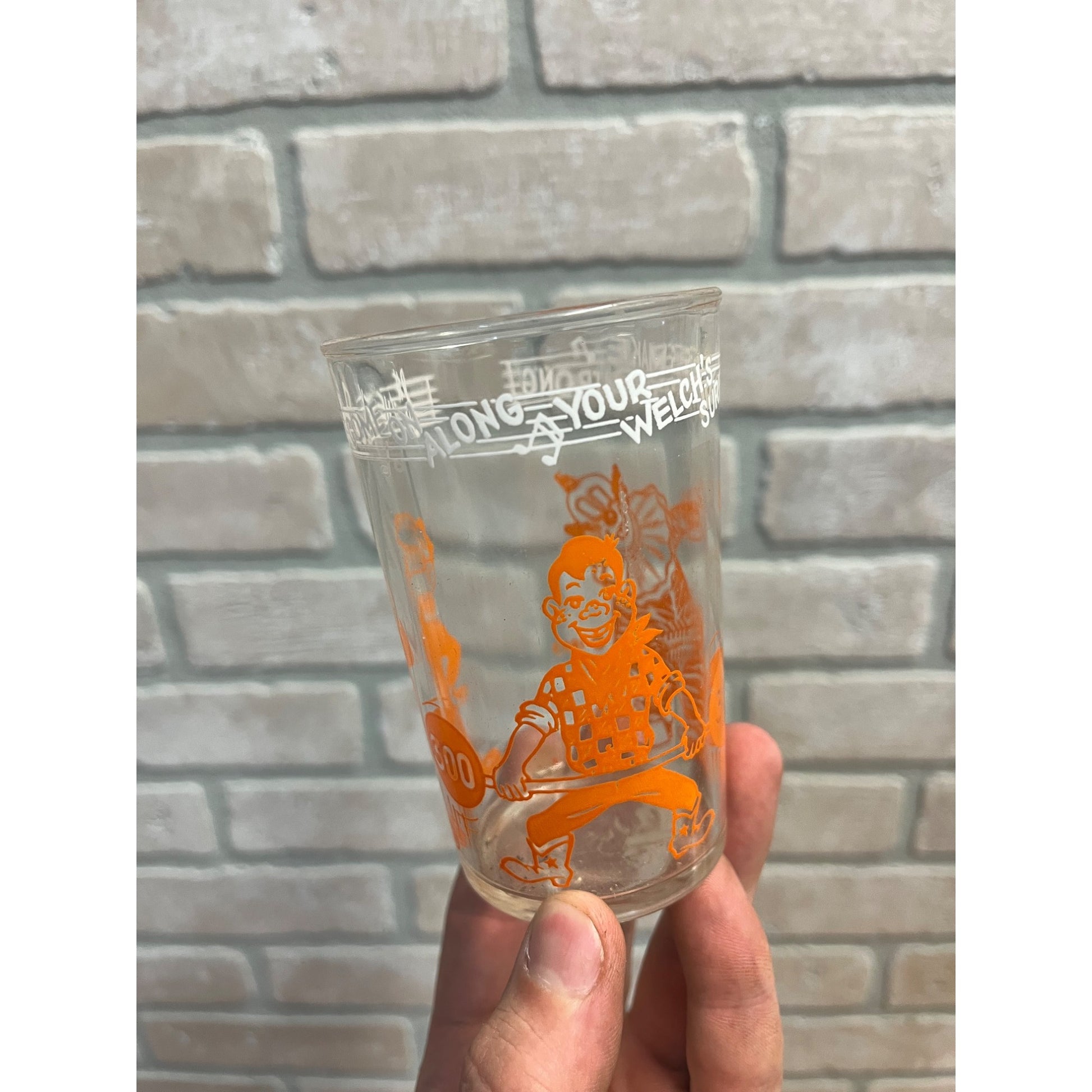 Vintage 1953 Little Welch’s Juice Glass Howdy Doody Orange 4"