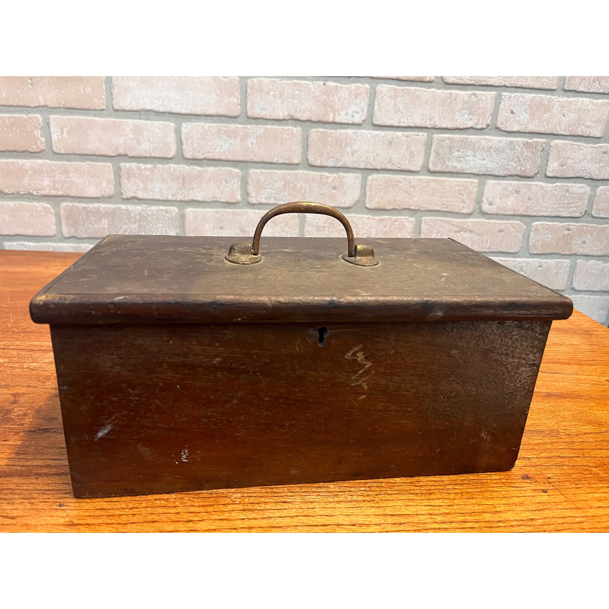 Antique Primitive Wooden Lock Box Hinged Storage Chest w/ Brass Handle - As-Is
