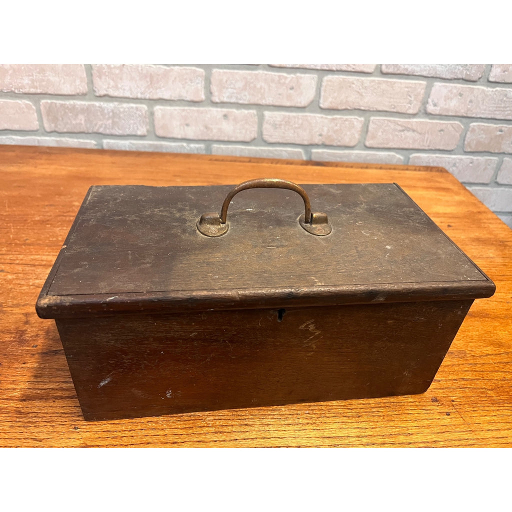 Antique Primitive Wooden Lock Box Hinged Storage Chest w/ Brass Handle - As-Is