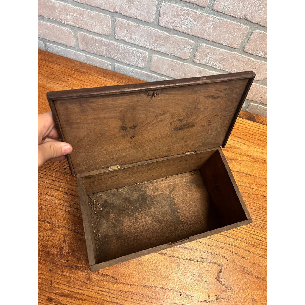 Antique Primitive Wooden Lock Box Hinged Storage Chest w/ Brass Handle - As-Is