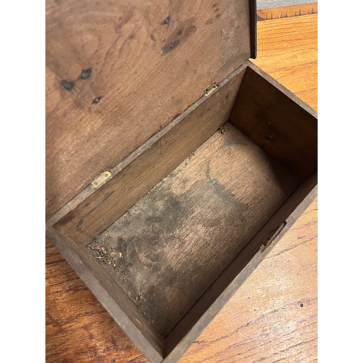 Antique Primitive Wooden Lock Box Hinged Storage Chest w/ Brass Handle - As-Is