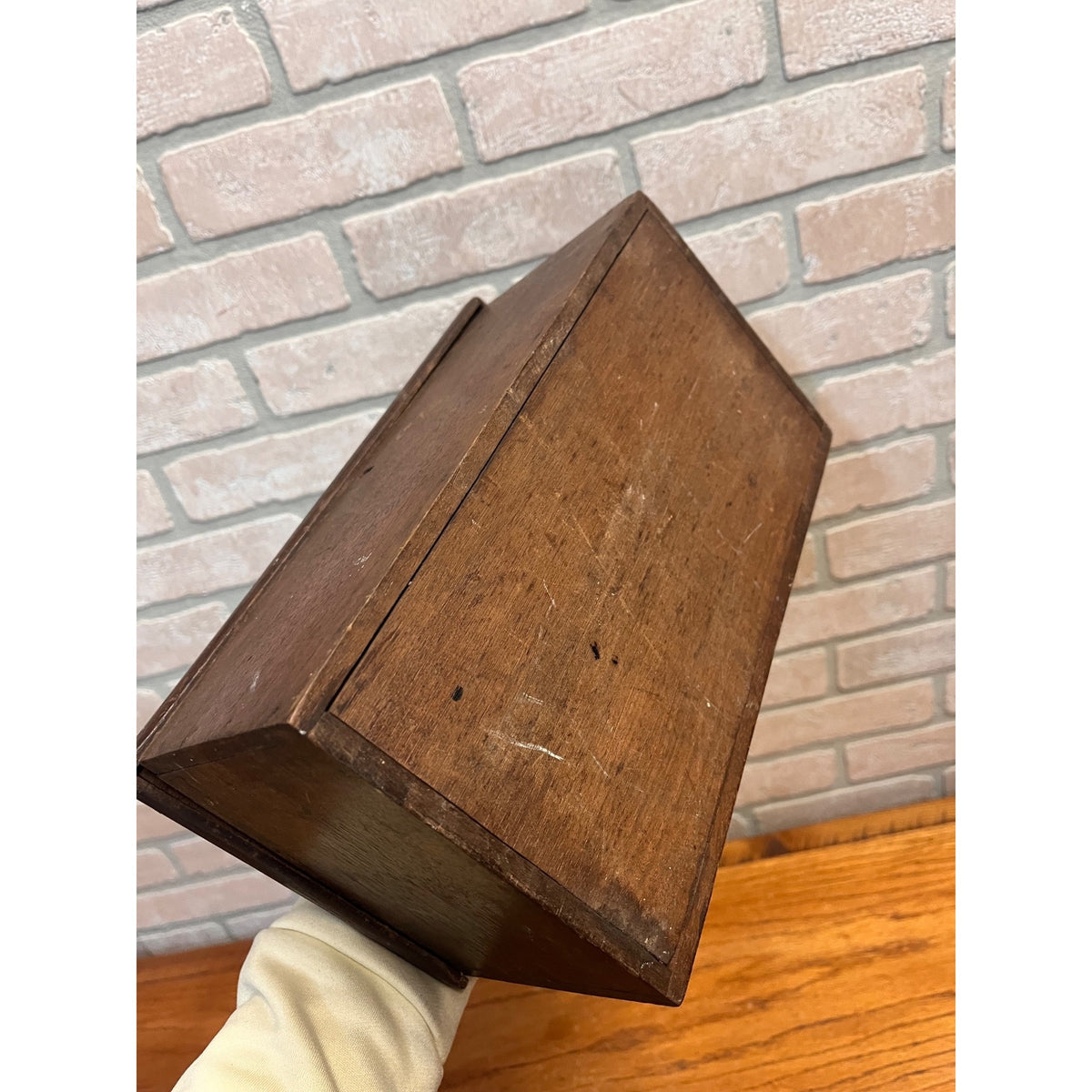 Antique Primitive Wooden Lock Box Hinged Storage Chest w/ Brass Handle - As-Is