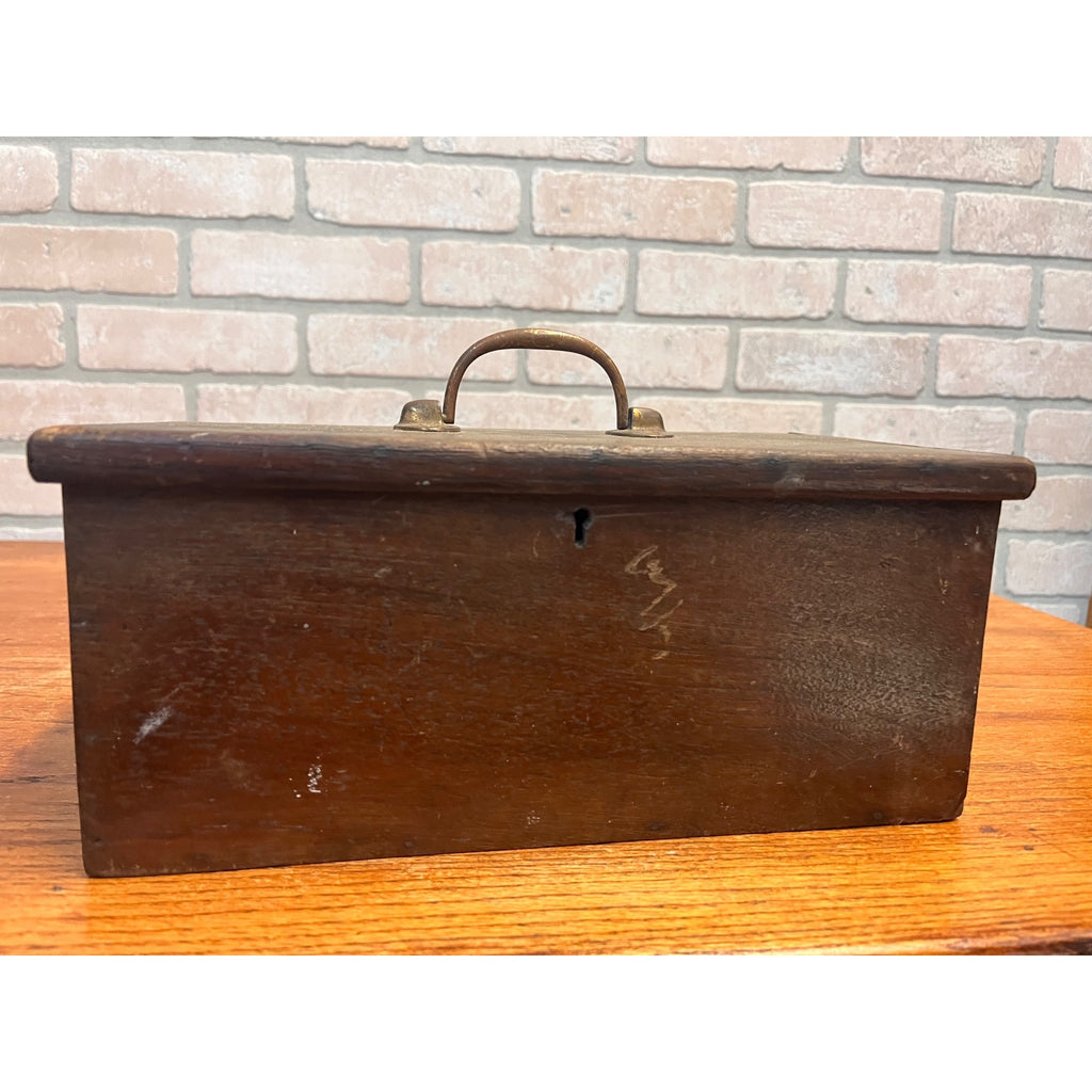 Antique Primitive Wooden Lock Box Hinged Storage Chest w/ Brass Handle - As-Is
